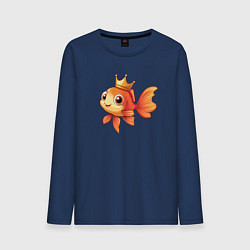 Лонгслив хлопковый мужской Мультяшная золотая рыбка в короне, цвет: тёмно-синий