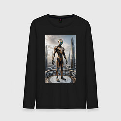 Лонгслив хлопковый мужской Инопланетянин в городе будущего, цвет: черный