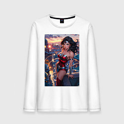 Лонгслив хлопковый мужской Чудо-женщина с городским фоном в стиле комиксов, цвет: белый