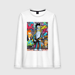 Лонгслив хлопковый мужской Бендер с гитарой и Фрай - граффити, цвет: белый