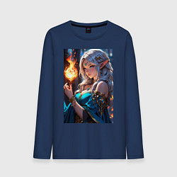 Лонгслив хлопковый мужской Прекрасная эльфийка-маг с шаром огня, цвет: тёмно-синий