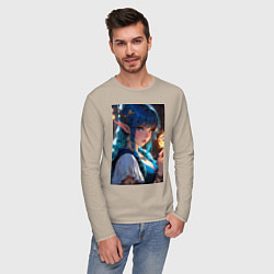 Лонгслив хлопковый мужской Прекрасная эльфийка-маг с шаром огня, цвет: миндальный — фото 2