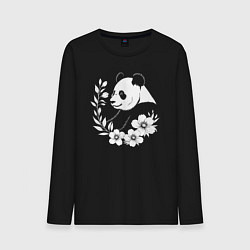 Лонгслив хлопковый мужской Панда среди цветов, цвет: черный
