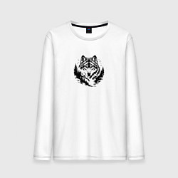Лонгслив хлопковый мужской Голова волка над лесом, цвет: белый