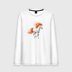 Лонгслив хлопковый мужской Белая лошадь с огненной гривой, цвет: белый