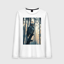 Лонгслив хлопковый мужской Сова в ночном лесу, цвет: белый