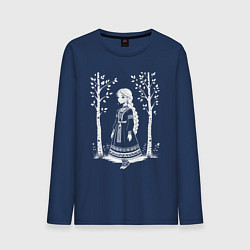 Лонгслив хлопковый мужской Девочка в этническом наряде в лесу, цвет: тёмно-синий