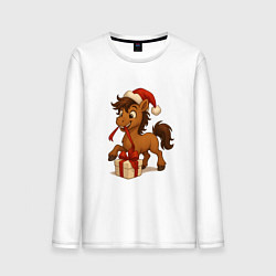 Лонгслив хлопковый мужской Лошадка распаковывает подарок, цвет: белый