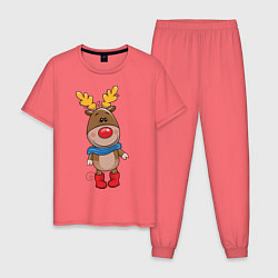 Пижама хлопковая мужская Олень в шарфике цвета коралловый — фото 1