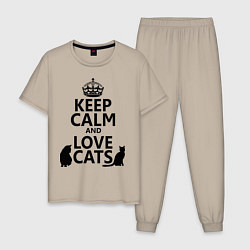 Пижама хлопковая мужская Keep Calm & Love Cats, цвет: миндальный