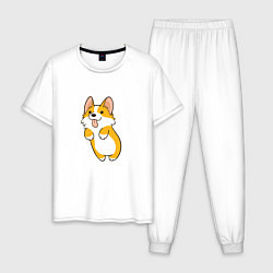 Пижама хлопковая мужская Корги лапочка, цвет: белый