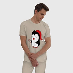 Пижама хлопковая мужская Новогодний пингвин, цвет: миндальный — фото 2