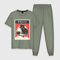 Пижама хлопковая мужская Котик и рамен, цвет: авокадо