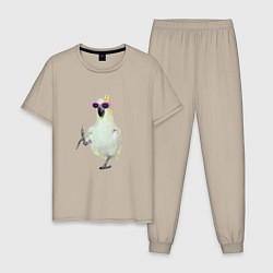 Пижама хлопковая мужская Попугай в очках, цвет: миндальный