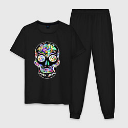 Пижама хлопковая мужская Flowers - Art skull, цвет: черный