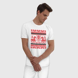 Пижама хлопковая мужская Славянский узор Кони, цвет: белый — фото 2