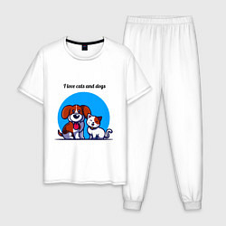 Пижама хлопковая мужская Cat and dog, цвет: белый