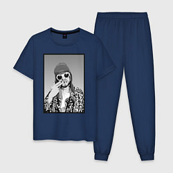 Пижама хлопковая мужская Курт Кобейн Nirvana ЧБ, цвет: тёмно-синий