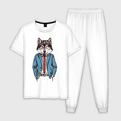Пижама хлопковая мужская Волк Хипстер, цвет: белый