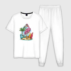 Пижама хлопковая мужская Фламинго на пляже, цвет: белый