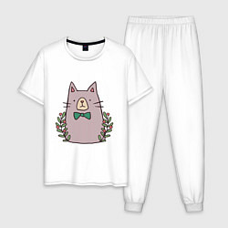Пижама хлопковая мужская Торжественный кот, цвет: белый
