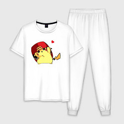 Пижама хлопковая мужская Пикачу под бейсболкой, цвет: белый