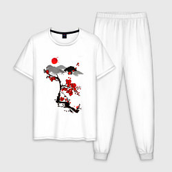 Пижама хлопковая мужская Рисунок Сакура, цвет: белый