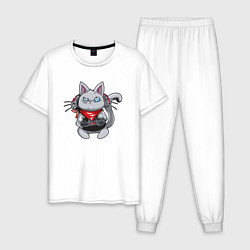 Пижама хлопковая мужская Кот - геймер, цвет: белый