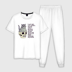 Пижама хлопковая мужская Задумчивый котик, цвет: белый