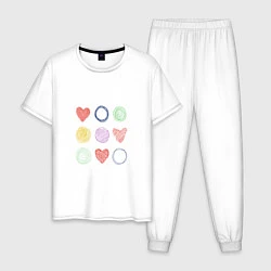 Пижама хлопковая мужская Цветные сердца и круги, цвет: белый