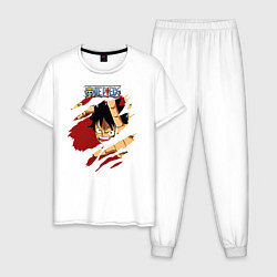 Пижама хлопковая мужская Луффи One Piece в разрыве, цвет: белый