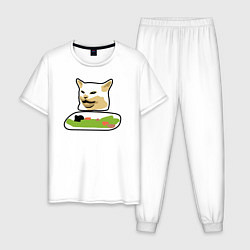 Пижама хлопковая мужская Смадж кот мем за столом, цвет: белый