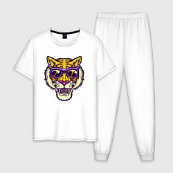 Пижама хлопковая мужская Тигр в очках, цвет: белый
