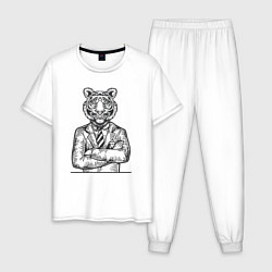 Пижама хлопковая мужская Модный Тигр, цвет: белый