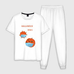Пижама хлопковая мужская Halloween 2021 , тыква в маске и коронавирус, цвет: белый