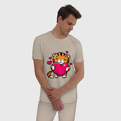 Пижама хлопковая мужская Милый тигренок с сердечком, цвет: миндальный — фото 2