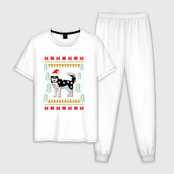 Пижама хлопковая мужская Рождественский свитер Хаски, цвет: белый