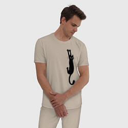 Пижама хлопковая мужская Черная кошка висит, цвет: миндальный — фото 2