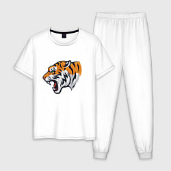Пижама хлопковая мужская Голова разъяренного тигра, цвет: белый