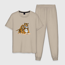 Пижама хлопковая мужская Тигрица с игривым тигрёнком, цвет: миндальный