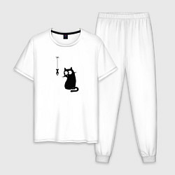 Пижама хлопковая мужская Котик и рыбка, цвет: белый