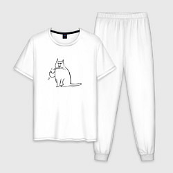 Пижама хлопковая мужская Кот с пальцем в верх, цвет: белый