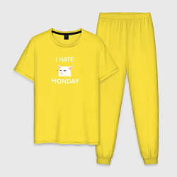 Пижама хлопковая мужская I hate monday текст с котом, цвет: желтый