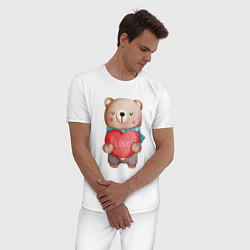 Пижама хлопковая мужская Мишка с сердечком Валентинка, цвет: белый — фото 2