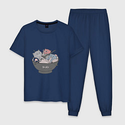 Пижама хлопковая мужская Коты и рамен, цвет: тёмно-синий