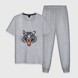 Пижама хлопковая мужская Агрессивный тигр с монетой Шиба ину в пасти, цвет: меланж