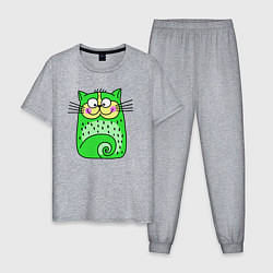 Пижама хлопковая мужская Прикольный зеленый кот, цвет: меланж