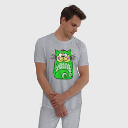 Пижама хлопковая мужская Прикольный зеленый кот, цвет: меланж — фото 2