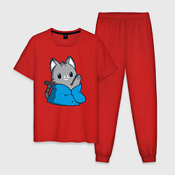 Пижама хлопковая мужская Кот в одеяле, цвет: красный