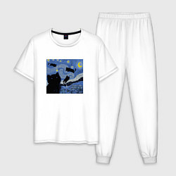 Пижама хлопковая мужская Звездная Ночь Ван Гога с Котиками, цвет: белый